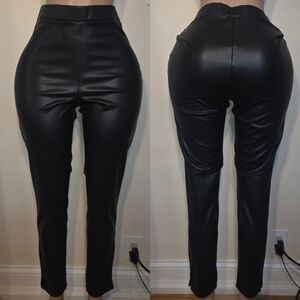 ☆DKNY Black Leather High-Waist Slim Pants☆